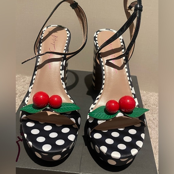 Betsey Johnson Shoes - Betsey Johnson Black & White Polka Dot Platforms with Red Cherry Accent
